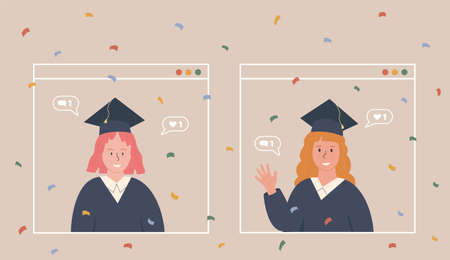 Students having online graduation party and video chat to celebrate ending of studies. Two woman in academic robe and cap having online discussion on computer app screen. Vector online education.のイラスト素材