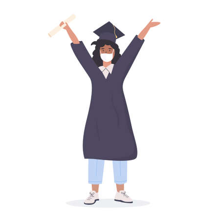 Vector Brown skin female graduate student raised arms up, demonstrate degree diploma. Smiling african, latino or asian academic woman in gown and cap wearing medical face mask isolated on white.のイラスト素材