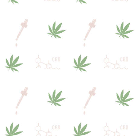 Hemp oil dropper, green cannabis leaves and CBD compound formula seamless vector pattern. Natural remedy for stress, pain, relaxation. Marijuana Background for medical design in pastel colors. Vector.のイラスト素材