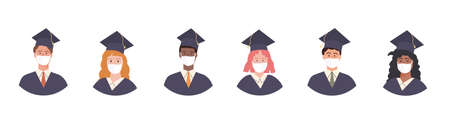 Set of Graduated students avatar in academic gown and cap. Pupil graduation during pandemic wearing medical face mask. Portraits for photo album. Happy young people in mortarboard and bachelor robe.のイラスト素材