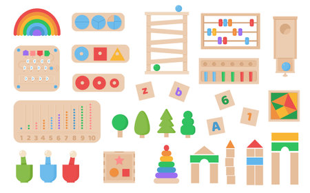Vector Set of Montessori games. Children wooden eco friendly logic toys for preschool kids. Playthings for baby development. Collection of various element for entertainment and educational games.のイラスト素材