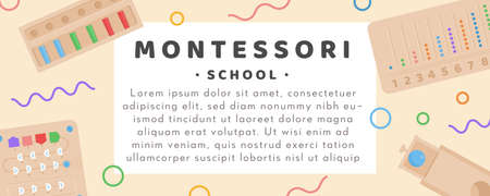 Vector Banner for Montessori school or kindergarden. Children wooden eco friendly logic toys and busy boards for preschool kids. Poster for early development alternative education.のイラスト素材
