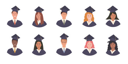 Big Vector Set of Happy multi ethnic Graduated students avatars in academic gown and cap. Pupil graduation at university. Portraits for photo album. Young people in mortarboard and bachelor robe. Flatのイラスト素材