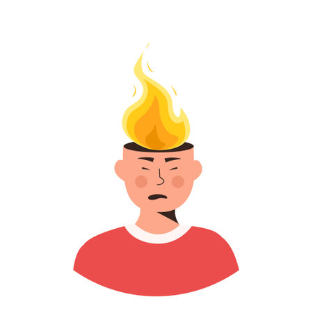 Male character head in fire vector flat illustration. Man or woman feeling stress at work, anger. Concept of emotional expression of burnout or annoyance. Mental illness. Psychological symptom.のイラスト素材