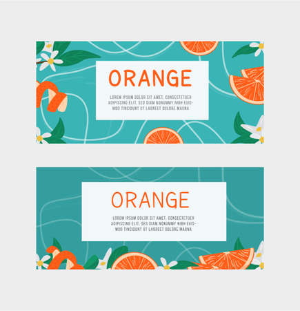 Set of horizontal banner, label templates for orange fruit juice, aromatherapy or citric product with slice of grapefruit and blossom flowers and leaves. Vector colored illustration for advertisement.のイラスト素材