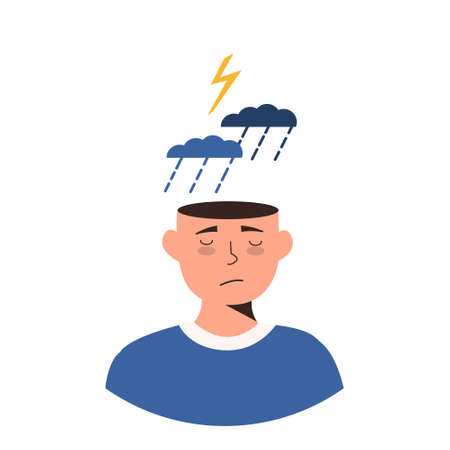 Man in depression concept. Sad and depressed guy under storm cloud, rain and thunderstorm. Upset negative thinking, mental state of mind. Psychological concept. Fatigue. Isolate flat vector characterのイラスト素材