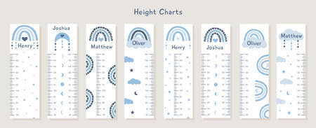 Big Vector Set of kids height charts with abstract boho rainbows and clouds in pastel blue colors. Meter wall with trendy design. Children growth chart. Bohemian elements for nursery with boy names.のイラスト素材