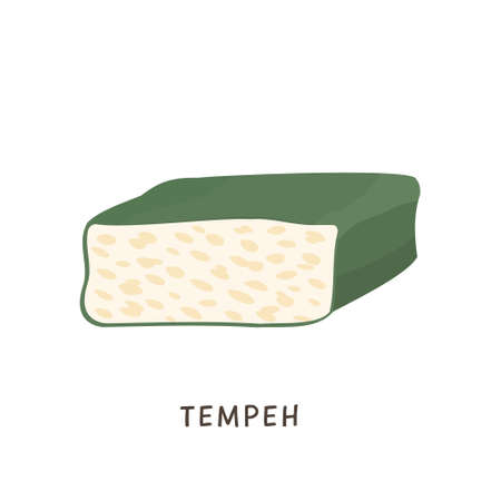 Sliced tempeh wrapped in leaf. Vegan organic fermented soybeans. Soy cheese isolated on white. Flat...