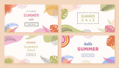 Bohemian Summer sale horizontal banner template. Set of trendy abstract background with tropical...