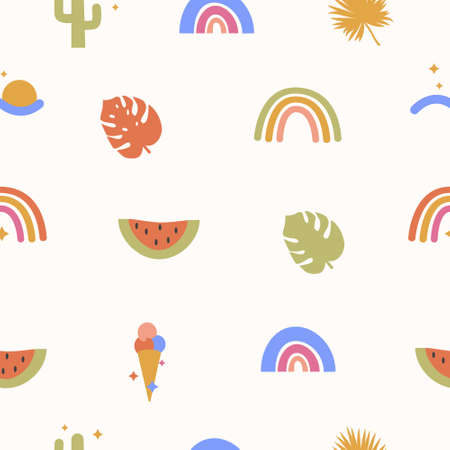 Bohemian Tropical Summer Seamless Pattern with abstract geometric elements, rainbow and tropical floral palm leaf in bright colors. Trendy boho shapes in contemporary flat style. Vector Background.のイラスト素材