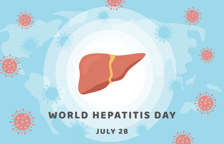 World Hepatitis Day. Banner with world map and healthy human liver attacked by virus. Medical poster...