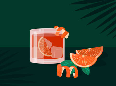 Negroni Cocktail in old fashioned glass with ice.  Beverage with citrus peel, orange slice on green background with palm leaf shadow. Summer Italian aperitif. Vector.のイラスト素材