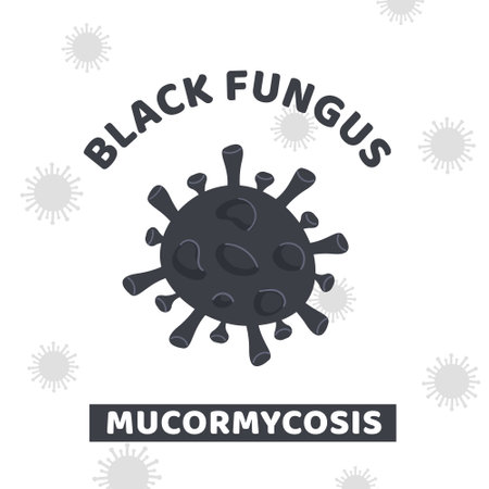 Black Fungus Outbreak in India. Mucormycosis disease. Square banner with Black Mold Bacteria on white background. Toxic mould stain in microscope. Vector card or illustration in flat cartoon style.のイラスト素材