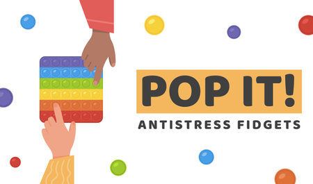 Web banner Pop It Antistress Fidgets Toy in rainbow color. KIds hands with popular toy pushing bubbles. Sensory fidget in square shape. Children trend. Vector illustration in flat style.のイラスト素材