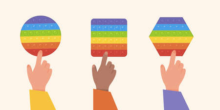 Vector Set of popular Pop It Fidgets. Kids playing with rainbow colored antistress toys. Hands with toy pushing bubbles. Sensory fidget in square shape, circle figure and polygon. Flat illustration.のイラスト素材