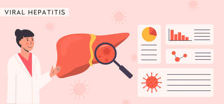 Liver Organ with magnifying glass and Hepatic Bacteria. Viral Hepatitis Cure. Researcher studying liver. Consulting female doctor. Hepatology. Horizontal banner template. Flat Vector Illustration.のイラスト素材