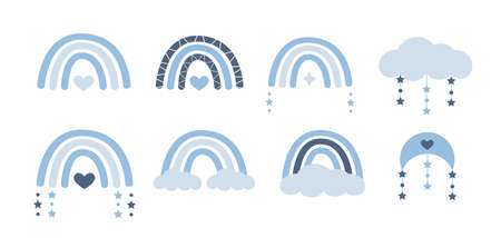 Scandinavian boho rainbows set with clouds, stars, drops, crescent in pastel blue colors. Celestial clip art. Hand drawn vector element for nursery decoration, baby shower. Vector flat illustrationのイラスト素材
