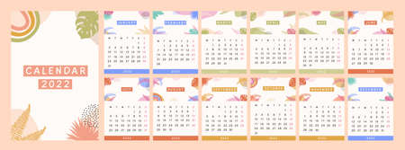 Modern calendar 2022 year. Tropical Abstract Planner with bright colorful hand drawn exotic plants in a bohemian style. Minimalistic abstract leaf elements for diary pages. Vector flat illustration.のイラスト素材