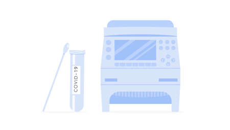 Covid-19 RT PCR machine, testing tube and swab sample. Thermocycler for Coronavirus test. Thermal cycler for polymerase chain reaction. DNA amplifier. Vector illustration isolated on white.のイラスト素材