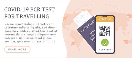 Concept of Travelling with pre-travel Covid-19 PCR test. A passport with airline boarding tickets...