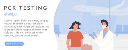 PCR testing at airport web banner template. Concept of travelling with fit to fly certificate. Covid test before departure. A male doctor wearing face mask and takes nasal swab sample from traveller.のイラスト素材