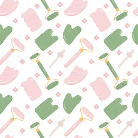 Seamless pattern with Rose Quartz Gua Sha and Jade Scraping Massage tool. Natural pink scraper and green stone roller in different shapes. Trendy skin care. Vector flat style background.のイラスト素材