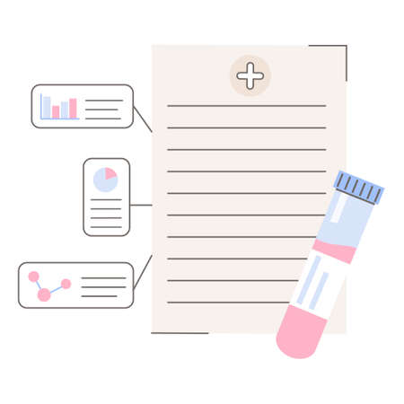 Medical Test Result. Hospital checkup record with testing tube icon. Clinic Report with blood sample probe. Vector flat outline illustration isolated on white background.のイラスト素材
