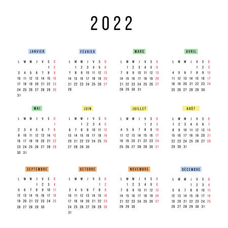 French calendar 2022 year. Vector stationery square calendar week starts Monday. Yearly organizer. Simple calendar template in minimal design. Business illustration.のイラスト素材