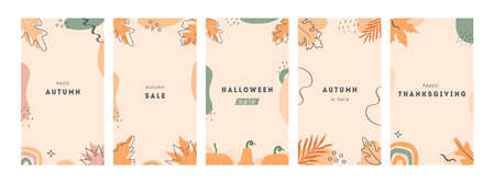 Bohemian Autumn mood botanical  story templates. Set of modern fall season vertical cards or banners with forest foliage and abstract geometrical shapes. Vector background for social media.のイラスト素材