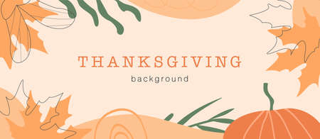 Abstract horizontal Thanksgiving banner template. Trendy minimal background with autumnal leaves, pumpkin and geometric shapes. Vector border with copy space for text in flat styleのイラスト素材