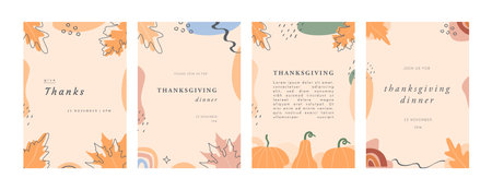 Set of Trendy Abstract Thanksgiving templates. Invitation Cards with leaves, pumpkins, geometric shapes and strokes. Modern vertical banner or background with copy space for text. Vector illustrationのイラスト素材