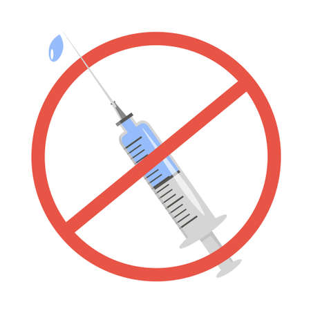 A syringe with injection and red forbidden sign. Anti-vaccination protest. Rejecting preventive medicine. Covid-19 Vaccine refusal. Coronavirus conspiracy. Isolated Vector illustration in flat styleのイラスト素材