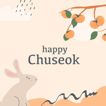 A persimmon tree brunch with fruits and rabbit looking at full moon. Greeting card for thanksgiving day in Korea. Korean traditional harvesting holiday. Happy Chuseok translation in english. Vectorのイラスト素材