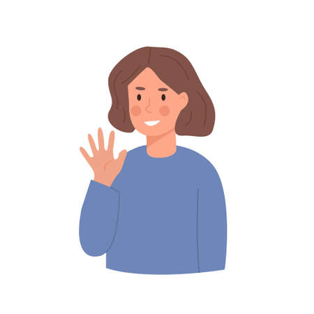 Little smiling girl waving hand. Smiling kid in greeting gesture saying hi or bye. Child . Portrait of child from kindergarten or elementary school. Isolated flat vector illustration of schoolgirl.のイラスト素材