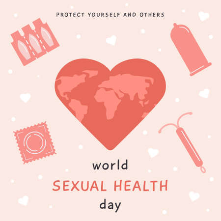 World Sexual Health Day Greeting Card. Contraception products and world map in heart. Contraceptive methods. Birth control. Sex education banner. Vector illustration in flat cartoon style.のイラスト素材
