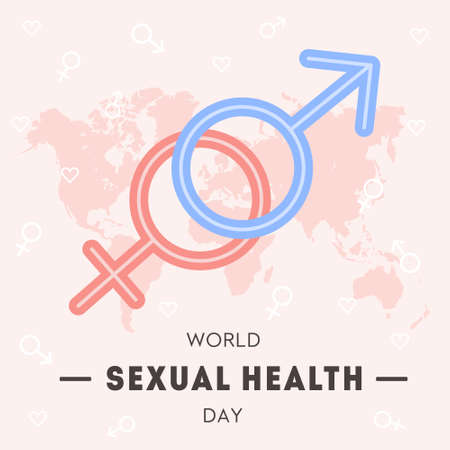 World Sexual Health Day Greeting Card. Gender signs and world map on background. Sex education. Safe sexual behavior, birth fertility control. Vector square banner template in flat cartoon style.のイラスト素材