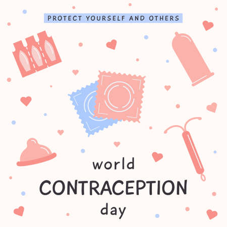World Contraception Day Greeting Card. Contraceptive items for safe sex. Birth control. Sex education web banner or post template. Vector illustration in flat cartoon style.のイラスト素材