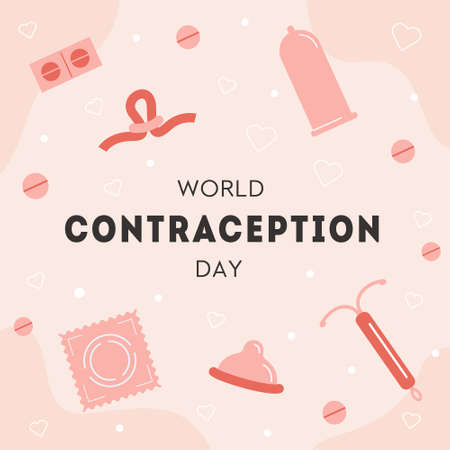 World Contraception Day square card. Contraceptive items for safe sex. Birth control methods. Sex education web banner or social media post template. Vector illustration in flat cartoon style.のイラスト素材