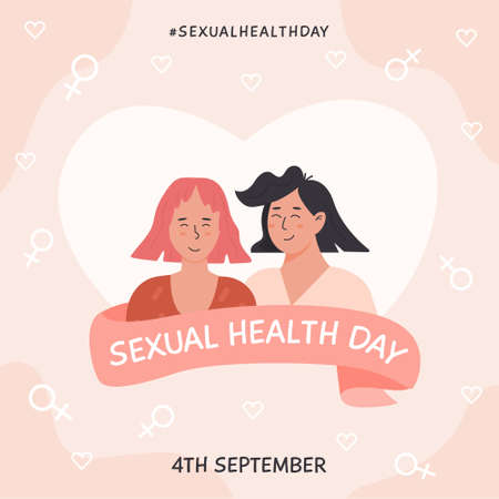 World Sexual Health Day Card. Lesbian Couple in love. Sex education. Adorable young women flirting with each other. Homosexual romantic partners. Vector square banner in flat cartoon style.のイラスト素材