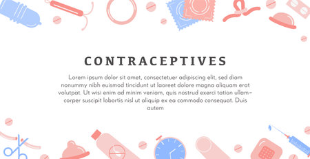 Birth control methods horizontal banner template with place for text. Border of frame with contraception colored flat icons. Female and male contraceptive items. Vector flat style background.のイラスト素材