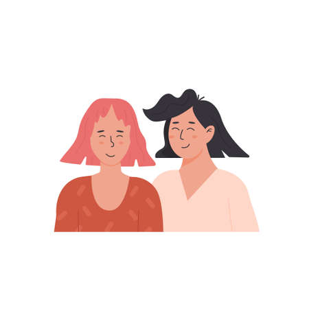 Cute lesbian couple. Portrait of adorable young women flirting with each other. Homosexual romantic partners on date. Concept of love, passion and homosexuality. Flat cartoon vector illustration.のイラスト素材