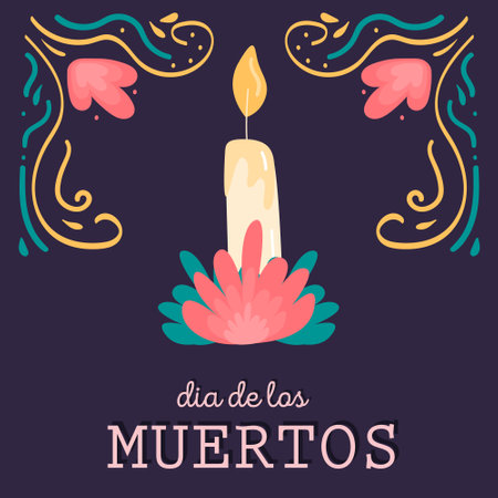 Dia de los muertos. Square card with altar candle. Banner decorated by design elements, colorful floral ornament or frame. Mexican national holiday Day of the dead. Vector hand drawn illustration.のイラスト素材