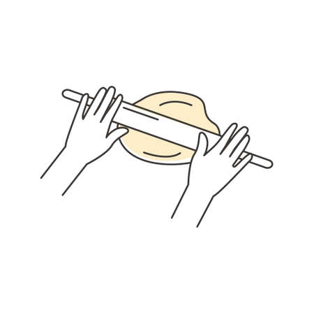 Rolling dough outline icon. Hands with rolling pin. Homemade baking. Making pastry. Instruction for baking recipe. Dessert preparation steps. Flat vector doodle style hand drawn isolated illustrationのイラスト素材