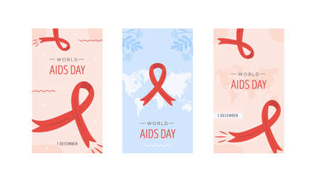 Set of World AIDS Day card. Red awareness ribbon with world map on background. HIV symbol or emblem. Social media story or vertical banner template. Vector illustration in flat style.のイラスト素材