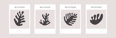 Collection of abstract vertical art posters. Set of contemporary wall art. Floral Matisse inspired collage style botanical shapes. Vector illustration.のイラスト素材
