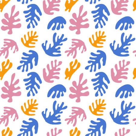 Trendy seamless pattern with abstract organic cut out Matisse inspired shapes of algae or corals. Vector illustration in flat style for wrapping paper, textile print, wallpaper.のイラスト素材
