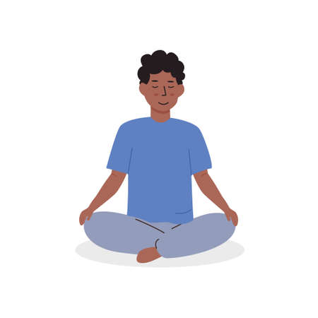 African black skin boy sitting on floor and meditating. Child or teen doing yoga exercise. Meditation lesson in school concept. Vector flat illustration character isolated on white background.のイラスト素材