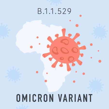 Omicron new Covid variant. Square banner with red bacteria of new Coronavirus mutation on background with Africa world map. Vector poster or illustration in flat cartoon style.のイラスト素材