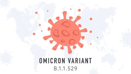 Horizontal banner with Omicron new Covid variant. Red bacteria of new Coronavirus mutation on background with world map. Vector poster or illustration in flat cartoon style.のイラスト素材