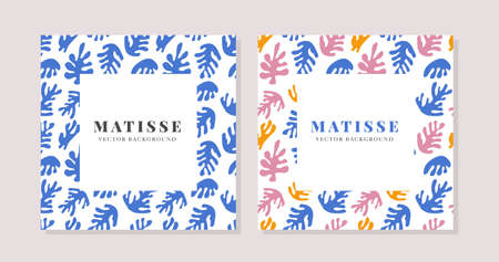 Set of minimal square background with abstract pattern frame. Card template design with border of trendy Matisse inspired geometric cut out elements, algae or organic forms. Flat vector illustration.のイラスト素材